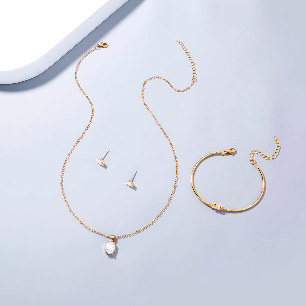 Modeschmuck-Set aus Halskette, Ohrringen und Armband, 3-teilig, aus Kupfer mit Mikro-Zirkonia