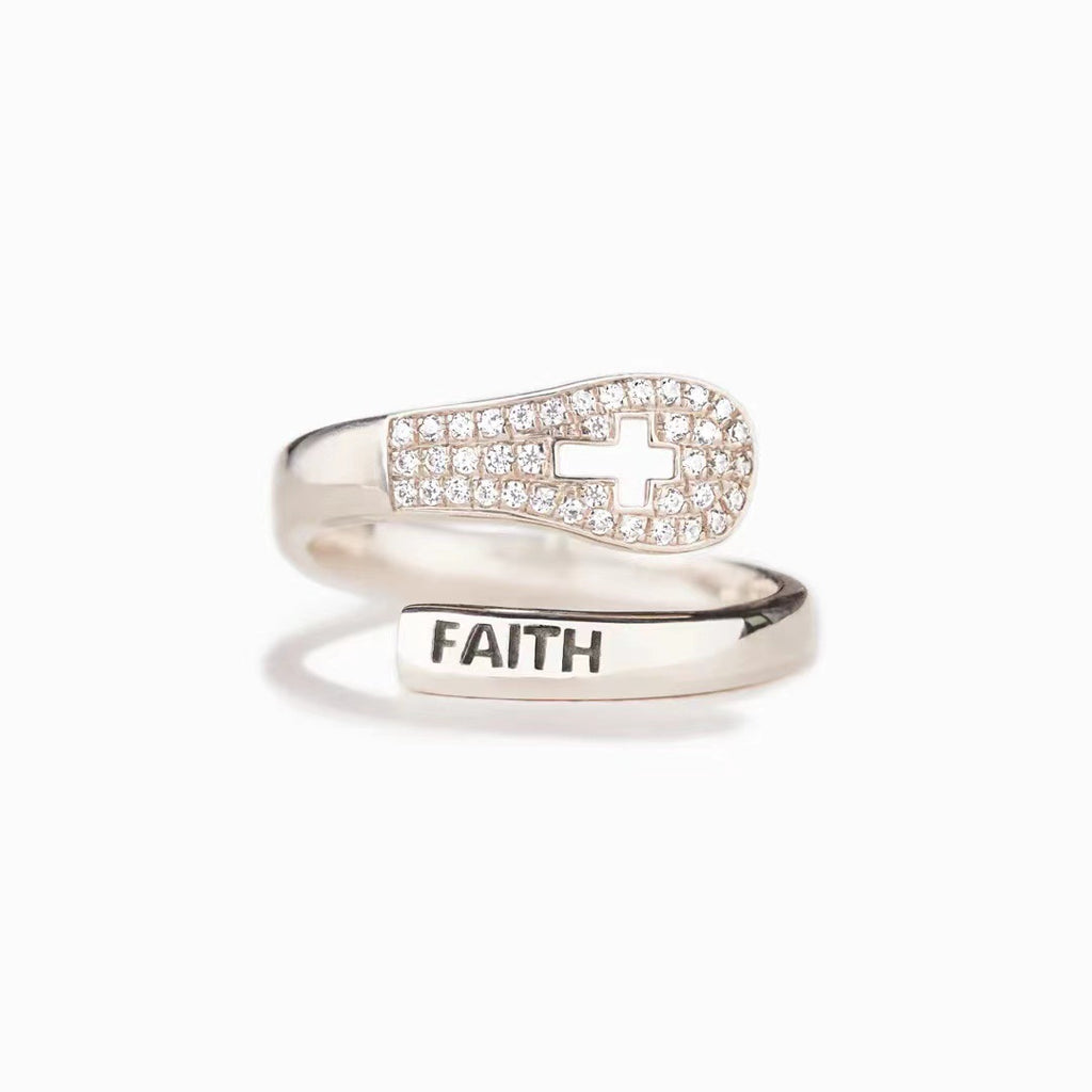 Anillo de plata de ley 925 con cruz y circonita "Fe"