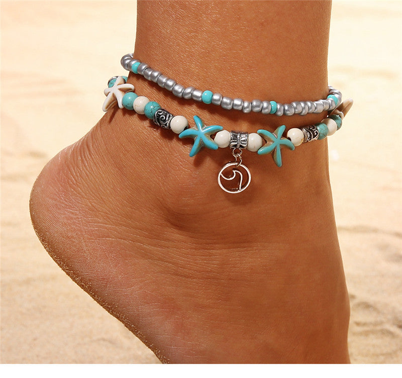 Tobillera de playa, tortuga, estrella de mar, turquesa