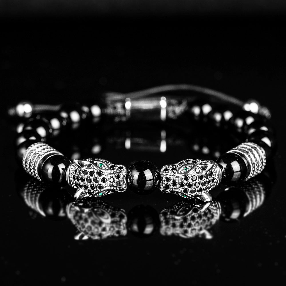 Men's Black Double Leopard Head Braided Stainless Steel Roman Numeral Bracelet Suit