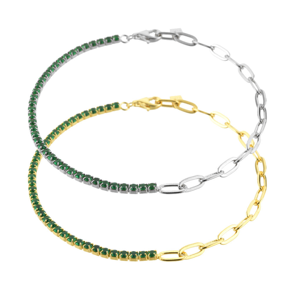Pulsera de Plata de Ley 925 con Diamantes e Incrustaciones de Piedra Verde