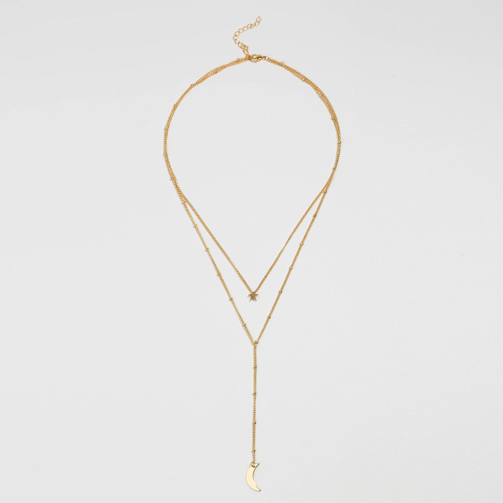 Copper Star Moon Y-shaped Multilayered Chain Necklace