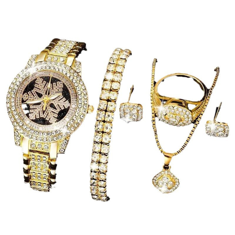 Reloj con diseño de copo de nieve, joyería de lujo con diamantes de imitación, juego de cinco piezas
