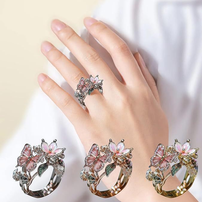 Anillo de mujer de mariposa y flor con aceite goteante, con incrustaciones de cristal 3D brillante, elegante, ajustable y transparente, chapado en oro, con diseño de animales e insectos, estilo estético, joyería de moda