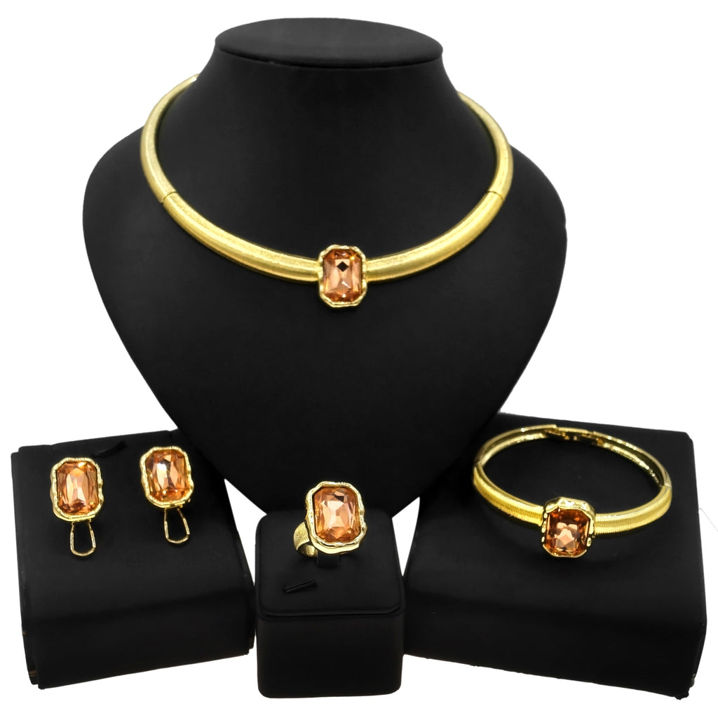 Farbblock-Halskette, Ohrringe, Armband, Ring, vierteiliges Schmuckset