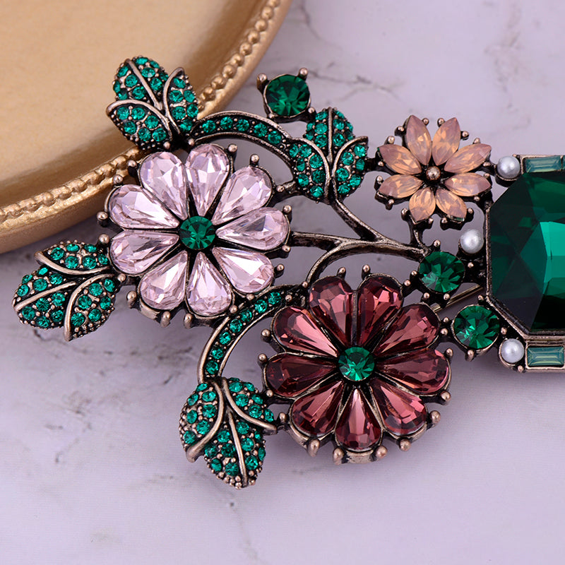 Gorgeous Vintage Green Rhinestone Colored Flowers Bonsai Flower Brooch Gold Tone Green Leaf Deep Red Orange Floral Vase Pin