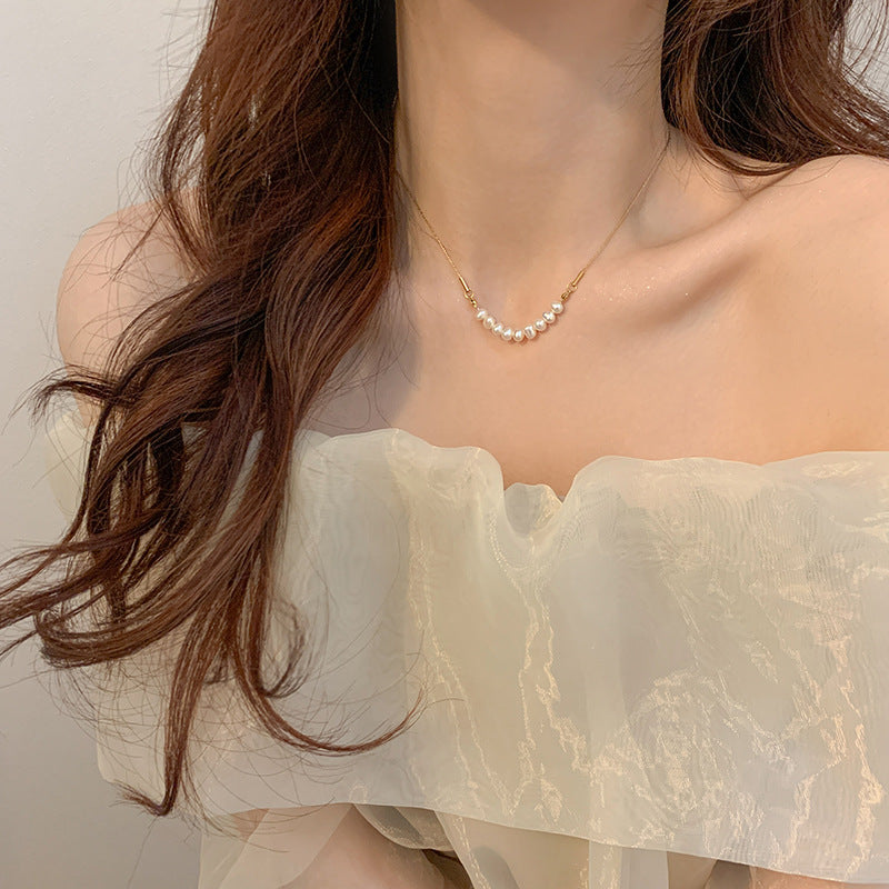 Titanium Steel Oval Freshwater Pearl Necklace Necklace Women's Gold Silk Clavicle Chain