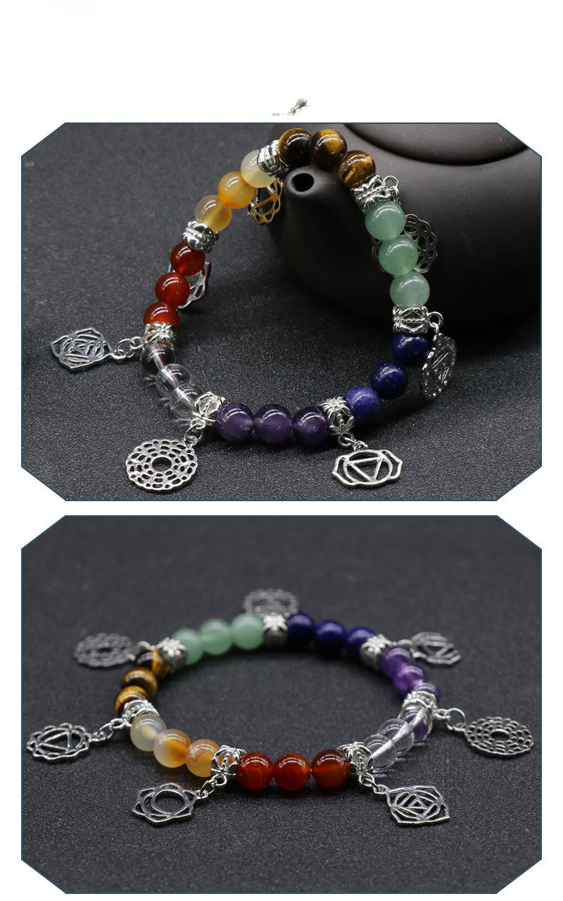 Buntes Achat-Kristall-Sieben-Chakra-Yoga-Symbol-Schmuckarmband