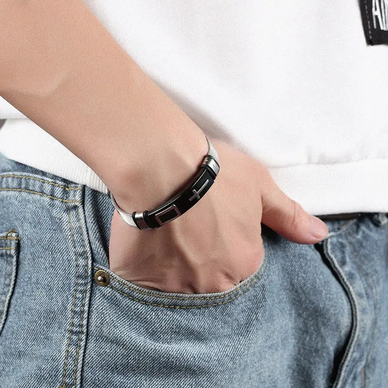 Herren Verstellbares Armband 3D Kreuz Edelstahl Mesh-Kettenarmbänder Armreifen