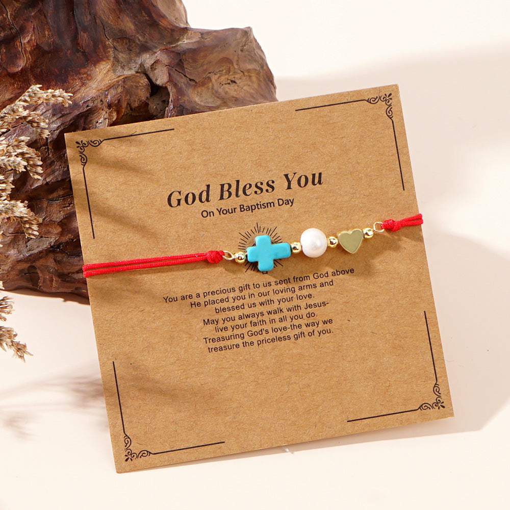 Blue Pine Cross Peach Heart Pearl Carrying Strap