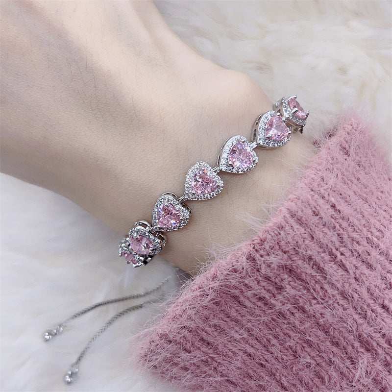 Peach Heart Full Rhinestone Zircon Bracelet For Women