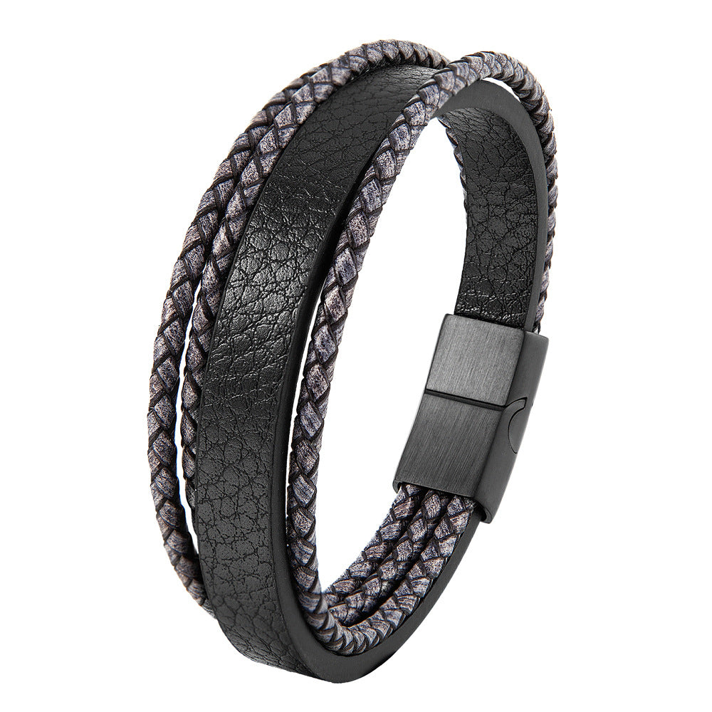 Pulsera de cuero trenzado multicapa retro