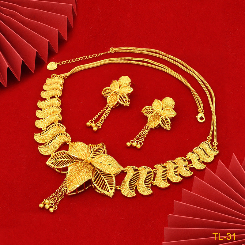 Goldfarbene Blumenkette und Ohrringe Set Messing vergoldet Hochzeitsschmuck Partie