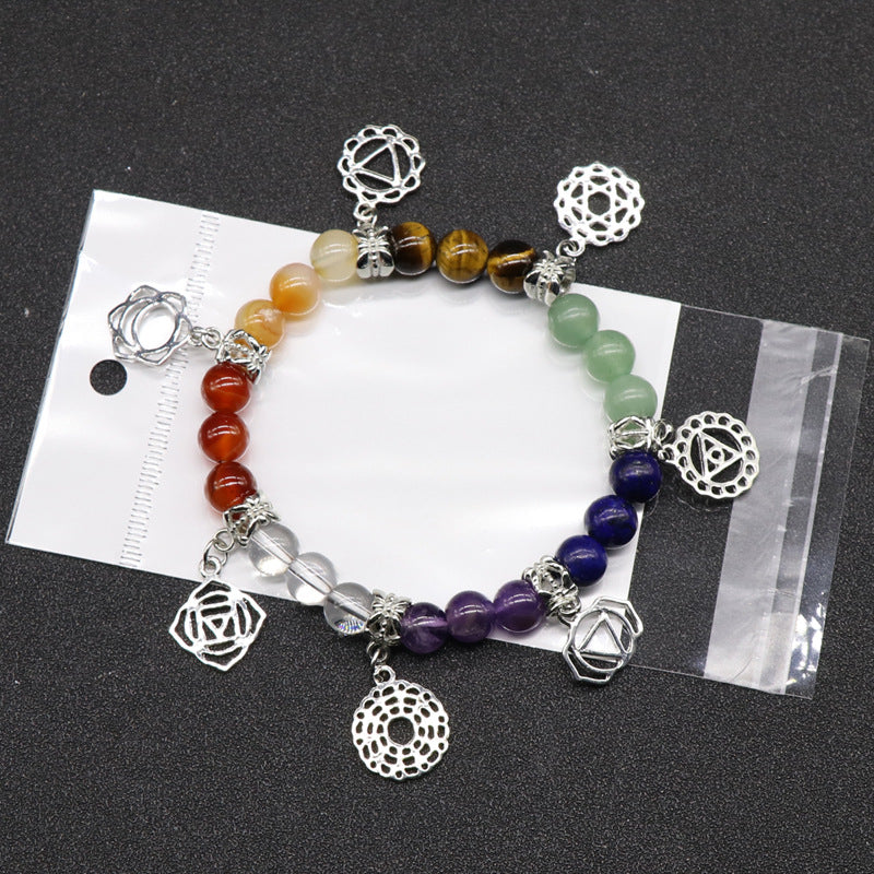 Buntes Achat-Kristall-Sieben-Chakra-Yoga-Symbol-Schmuckarmband