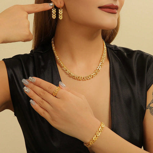 5pcs Retro Elegant 18k Gold Maple Leaf Women's Jewelry Set, Temperament Bridal Jewelry