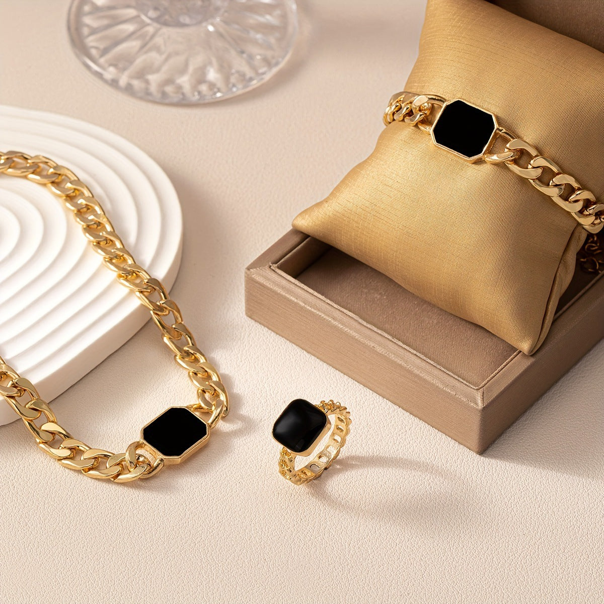 Geometrisches Würfelkette Armband Ring Schmuckset