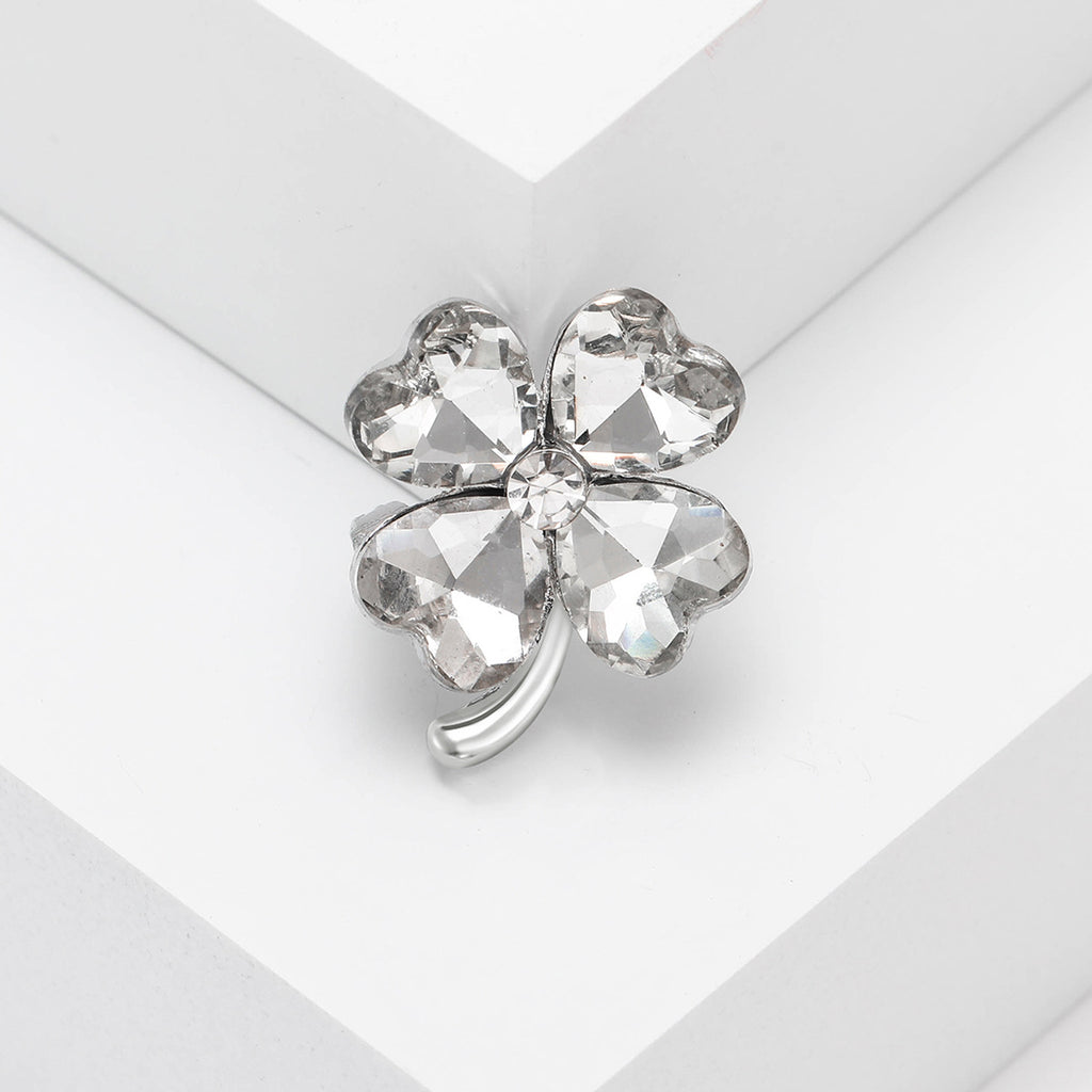 Broche de trébol de cuatro hojas con diamantes de imitación en forma de corazón, sencillo y compacto, a la moda