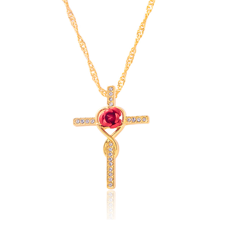 Mode Rose Blume Kreuz Halskette Gold Kristall Unendlichkeit Anka Anhänger Halsketten für Frauen Religiöser Schmuck