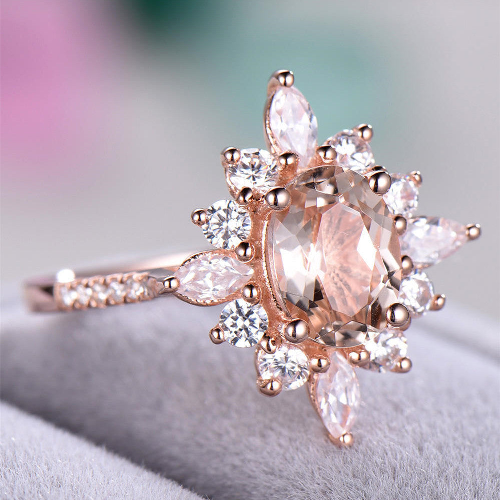 Blumenringe mit einzigartigem Schneeflocken-Design, rosévergoldet, Zirkonia-Schmuck, Mode-Party, Damen-Fingerring