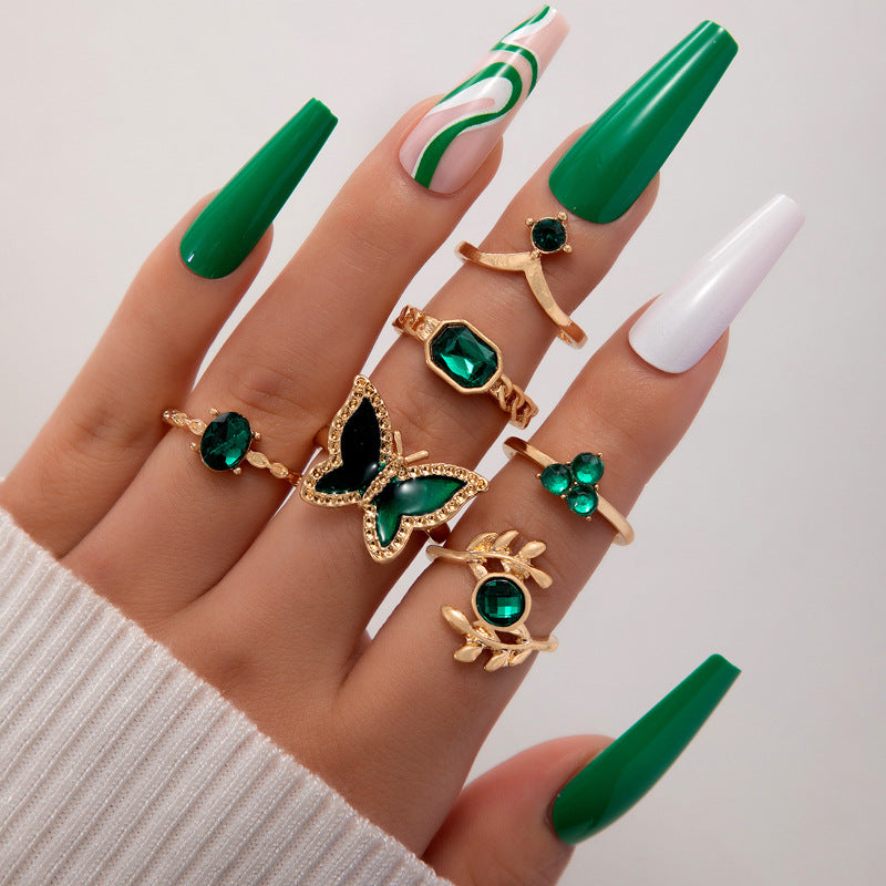 Ring-Set „Metal Emerald Diamond Love Palm“