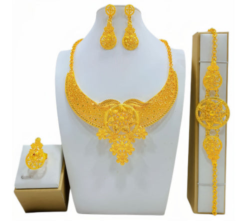 Traje de joyas de oro, collar, pulsera, pendientes y anillo de boda nupcial árabe