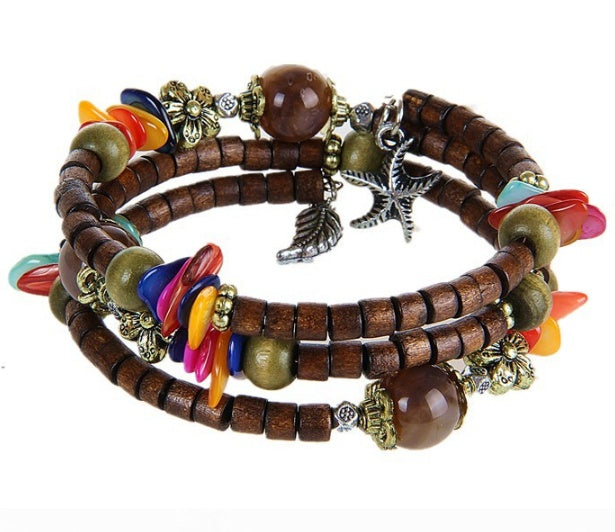 Nationaler Vintage-Holzarmreif aus buddhistischen Perlen, Muschel, Seestern-Anhänger, Holzarmband, Damenstil, Holzperlenarmband