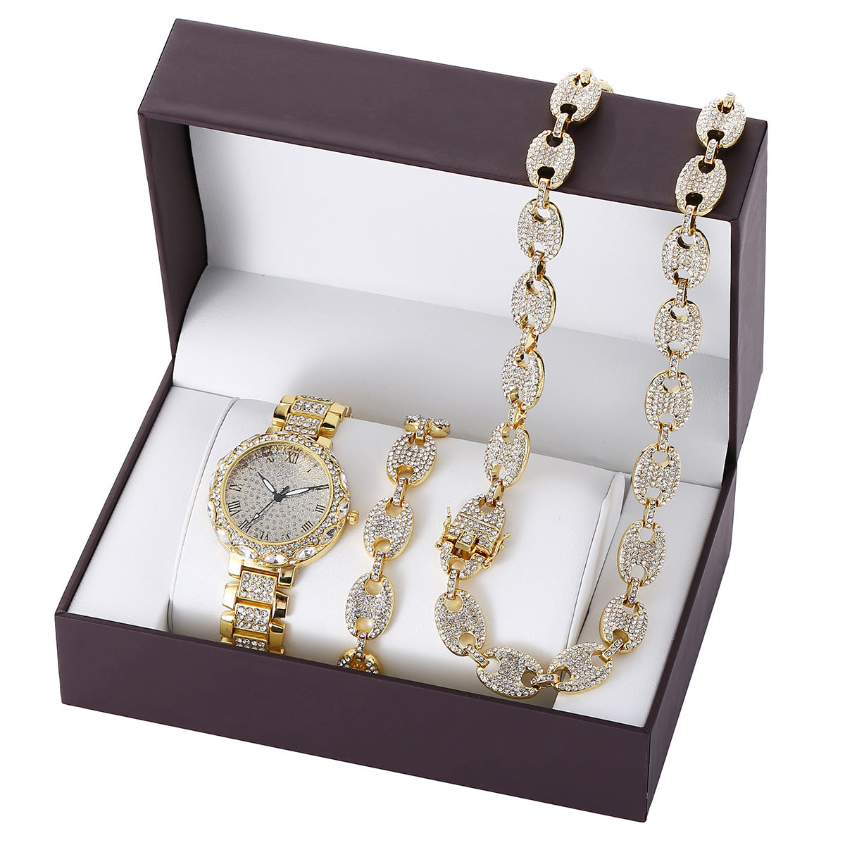Diamant Stahlband Quarzuhr Armband Set