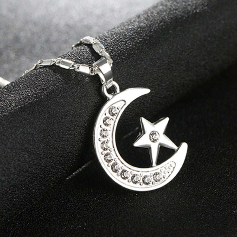 Muslim Mondsichel-Anhänger Halskette Silber Gold Farbe Zirkonia CZ Islam Mond Stern Schmuck Damen Geschenk