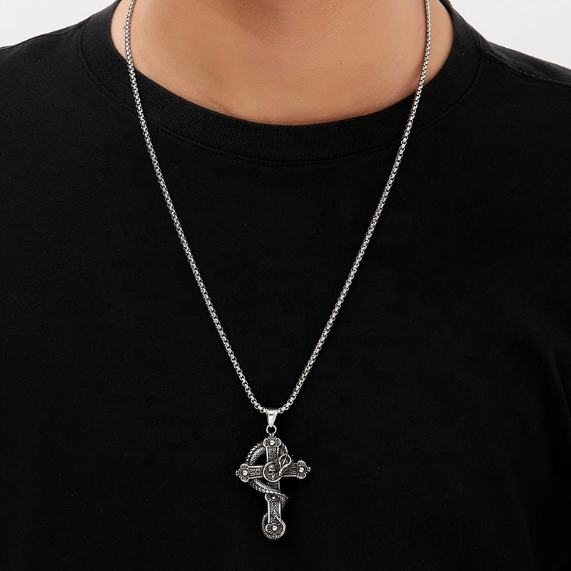 Stainless Steel Necklace Cross Dragon Pendant Retro Punk Necklace