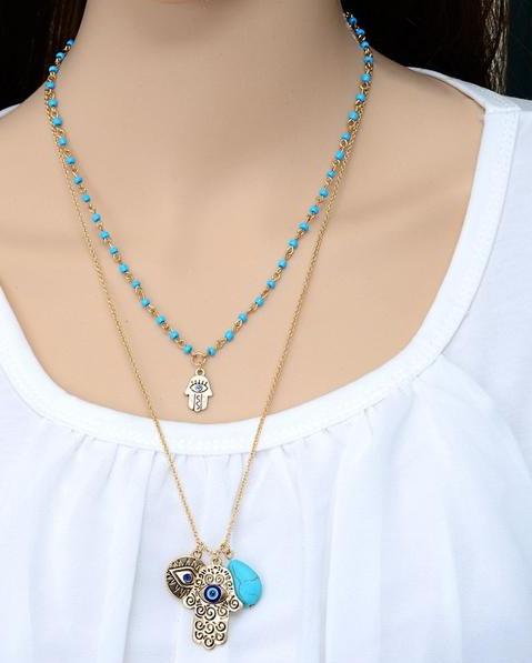 Turquoise Necklace Eye Necklace Fatima Palm Rice Bead Multilayer Necklace