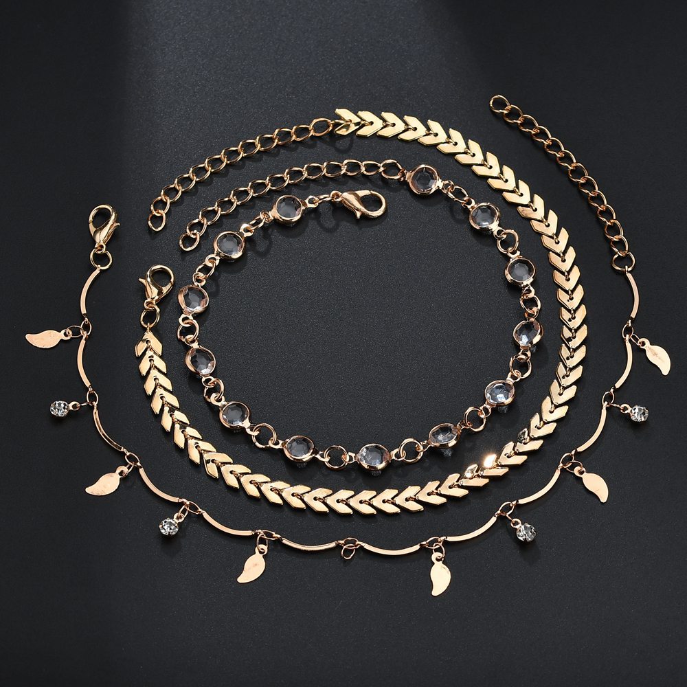 Quaste Pailletten Kleine Blätter Pfeilspitzen Diamantbesetztes dreiteiliges Fußkettchen-Set