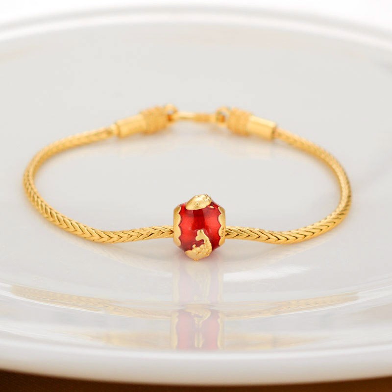 Pulsera de Cobre Puro Dorado Antiguo de Oro Aluvial con Cuentas de la Suerte y Tarjeta de Bendición