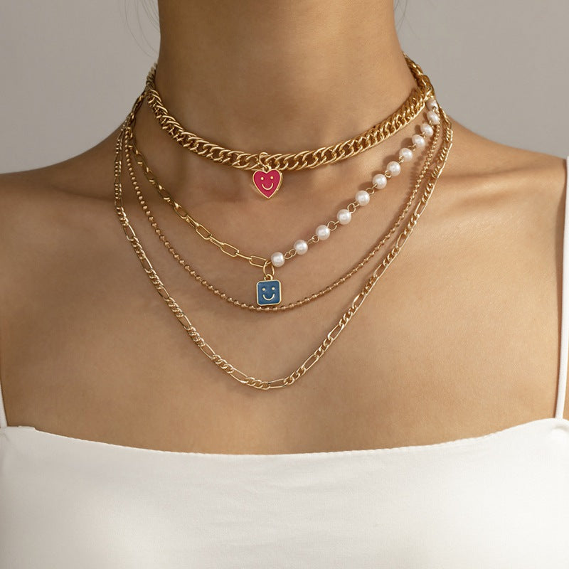 Email Smiley-Gesicht Anhänger Perlenkette Boho Gold Mehrschichtige Grobe Kette Statement Halsketten Choker für Damen