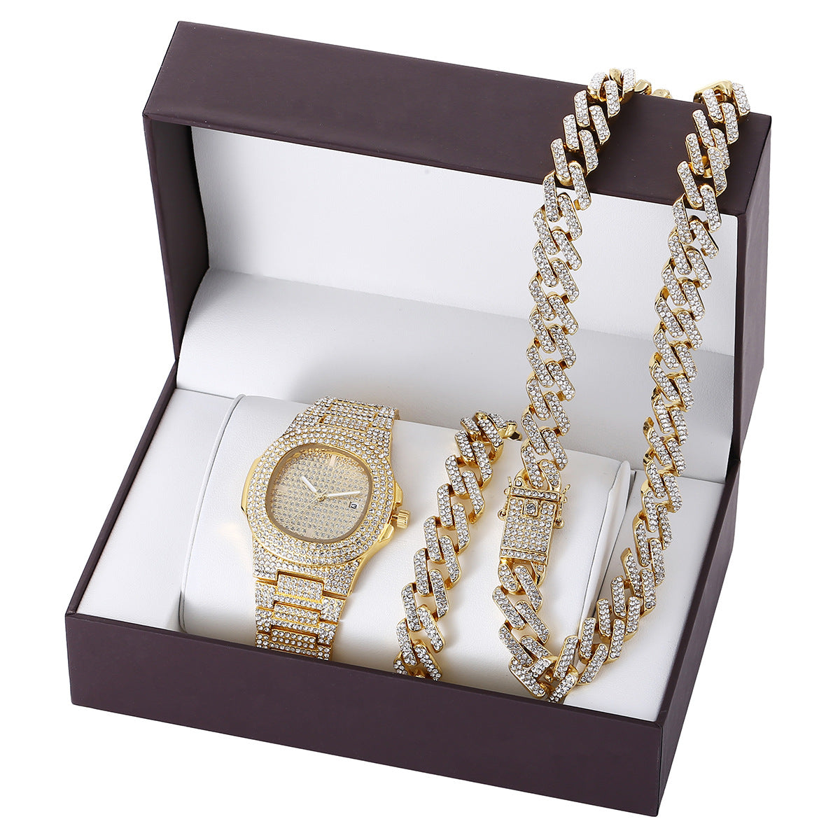 Diamant Stahlband Quarzuhr Armband Set