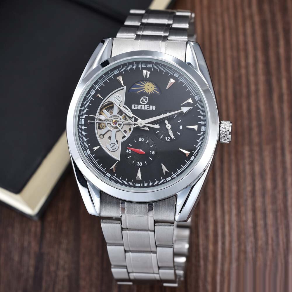 Herrenuhr Tourbillon Uhren Edelstahlarmband Automatische Mechanische Armbanduhren Mondphase Kleine Sekunde Uhr