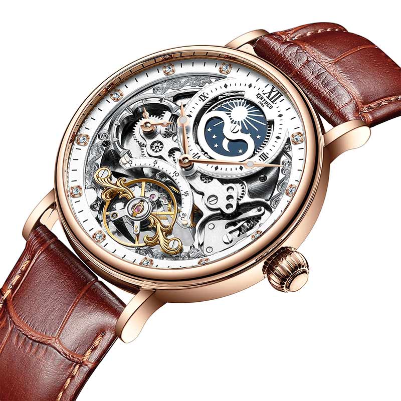 Neue KINYUED echte automatische Leder Herrenuhr Uhren hohle mechanische Uhren Reisezeit genau