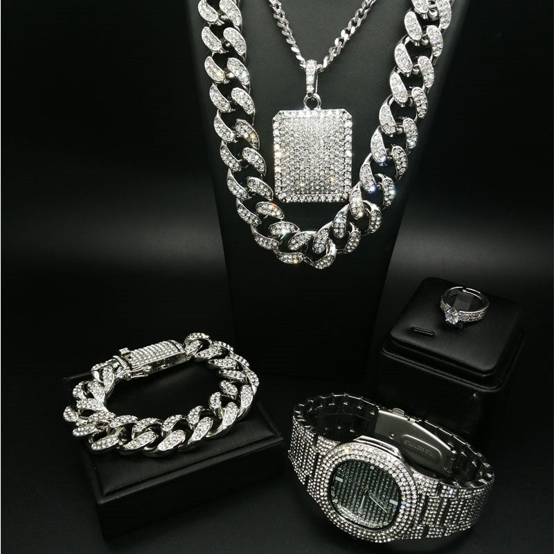 Hiphop Hip-Hop Voll-Diamant Kubanische Halskette Herren Set