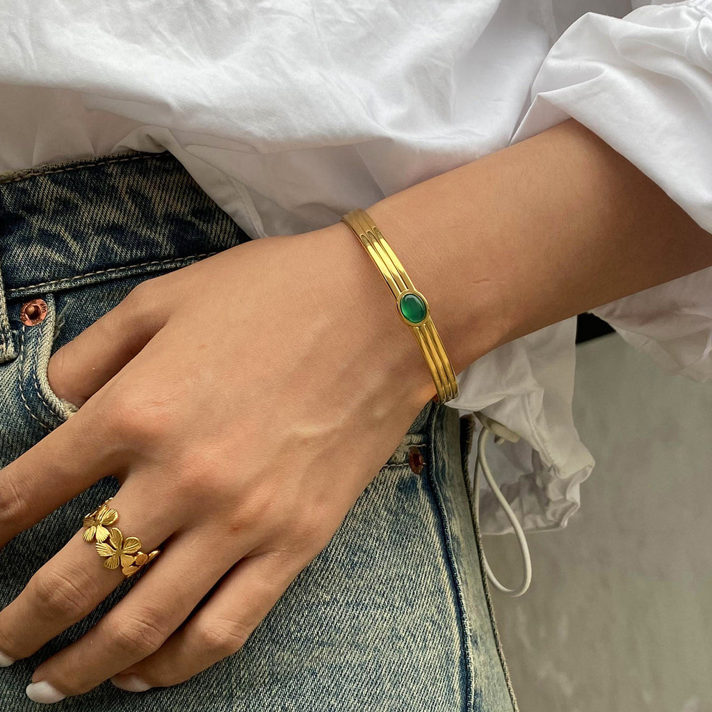 Pulsera de Hilo de Acero Inoxidable con Ágata Verde a la Moda