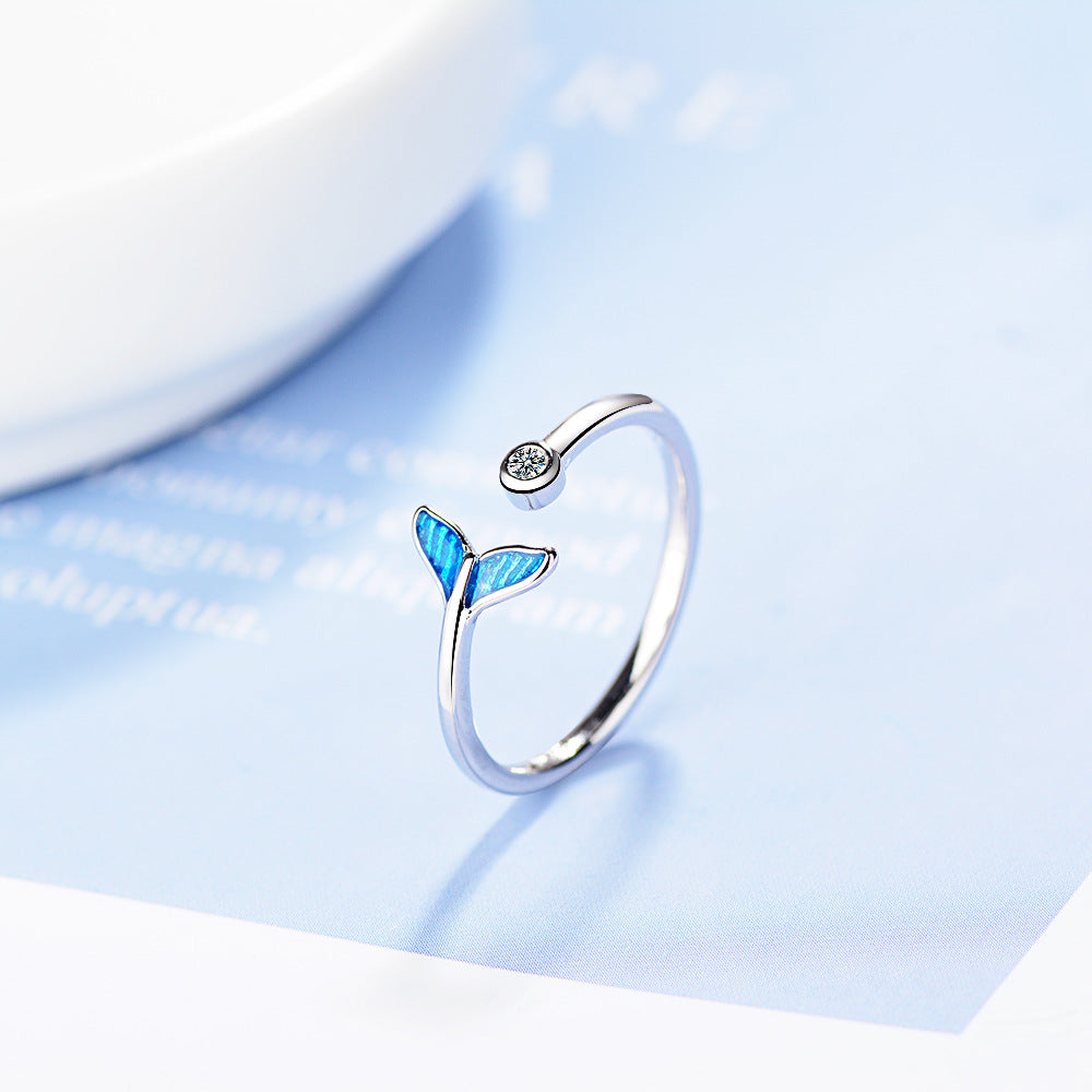 Anillo de cola de sirena azul de color plata a la moda con circonita cúbica, cola de pez, bague, anillos de regalo románticos