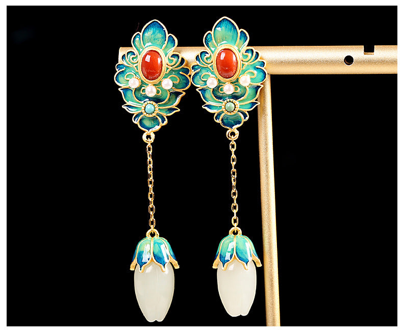 Pendientes de flor de plata S925 con incrustaciones de jade blanco Hetian