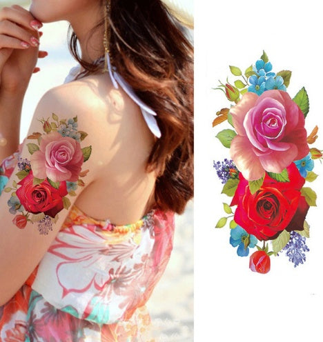 Pegatina de tatuaje de flores, boceto a color, pegatina de tatuaje de flores, peonías, rosas, ciruelos, pegatina de tatuaje