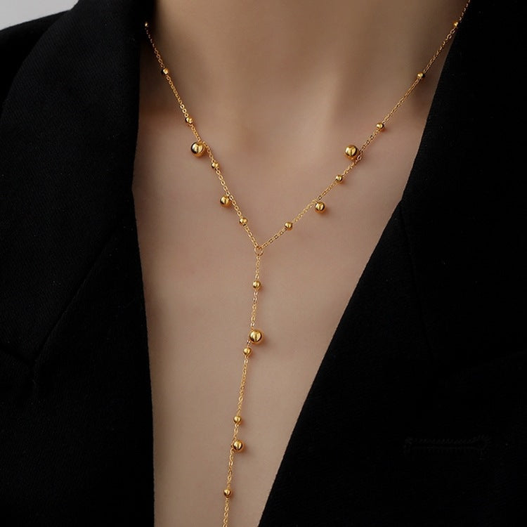 Neue 18K vergoldete Edelstahl runde Perlen Quaste Anhänger Halskette für Frauen