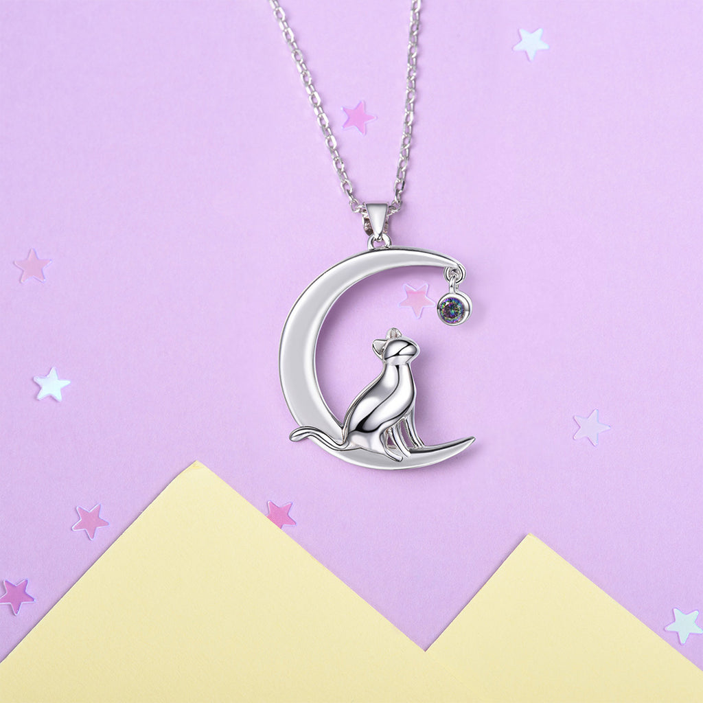 925 Silver Moon Cat Necklace Clavicle Chain Female Simple Korean Trendy Topaz Pendant