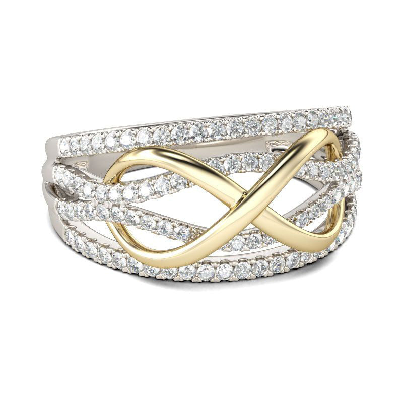 Einfacher Ring im Trenty-Stil mit zweifarbiger runder Zirkonia-Schleife aus Kupfer für Damen, Hochzeit, Verlobung, Schmuck-Accessoires