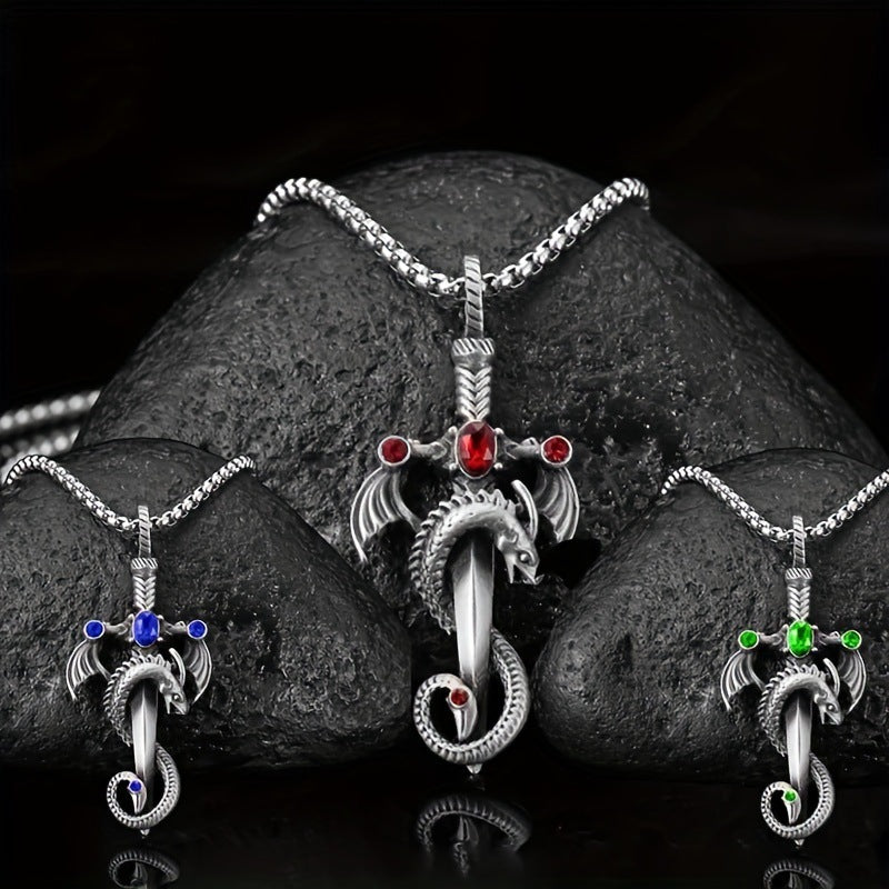 Modeschmuck Retro Edelstein Drachenschwert Edelstahlkette Halskette