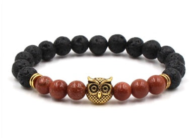 Außenhandel AliExpress meistverkaufte 8mm Naturstein schwarzer Lavavulkanstein Armband Goldlegierung Eule Armband