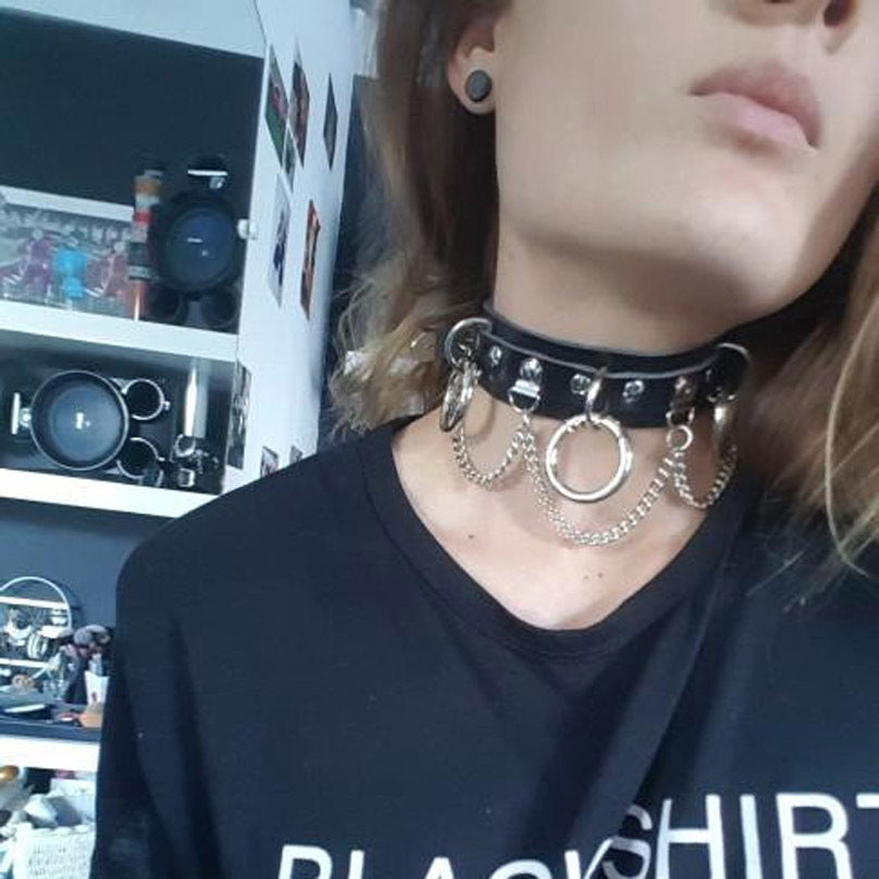 European and American style personality exaggerated PU leather collar necklace Punk street shooting nightclub O-ring chain clavicle chain neck collar