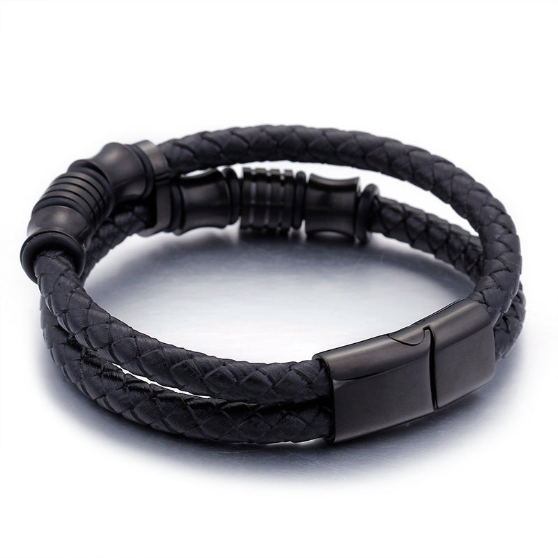 Herrenarmband aus Edelstahl in Goldfarbe, schwarzes Lederarmband für Herren, Armschmuck mit Magnetverschluss