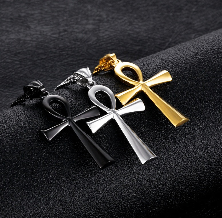 Fuente de productos de comercio electrónico transfronterizo, collar colgante amuleto de hombre con cruz egipcia antigua de acero inoxidable brillante europeo y americano