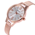 Reloj de malla de acero inoxidable en oro rosa con esfera redonda, hebilla de pasador y cristal, modelo Harmony Sale, para mujer
